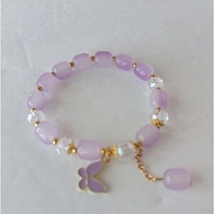Handmade Stretchy Lavender And Clear Beaded Bracelet with Lavender Butterfly
